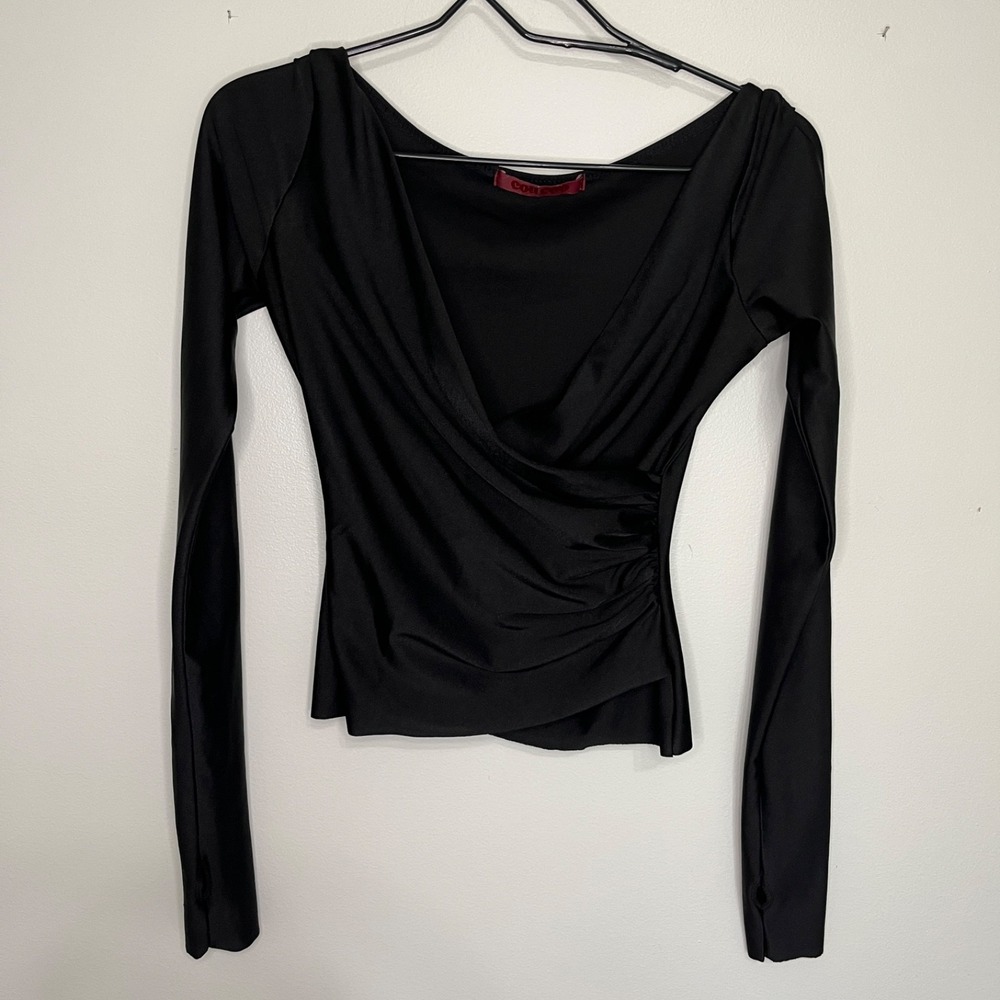 CouCoo Women's S Black Satin Ruched Stretch V-Neck Top Whimsigoth Y2K Vamp